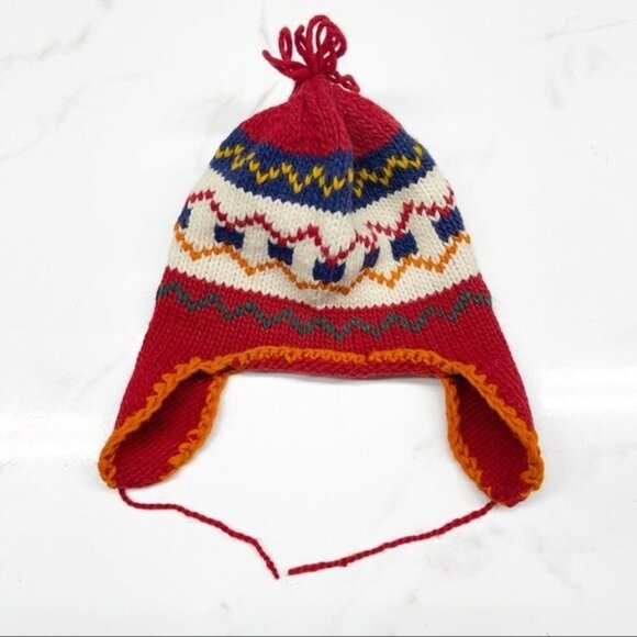 Pure Wool Hand Knitted Red Multicolored Ear Flaps Winter Hat Toboggan Beanie - Picture 3 of 5